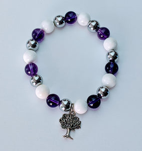 Bracelet avec médaillon Arbre de vie, de pierres d'Améthyste violet, de Tridacna blanche et d'hématite argent