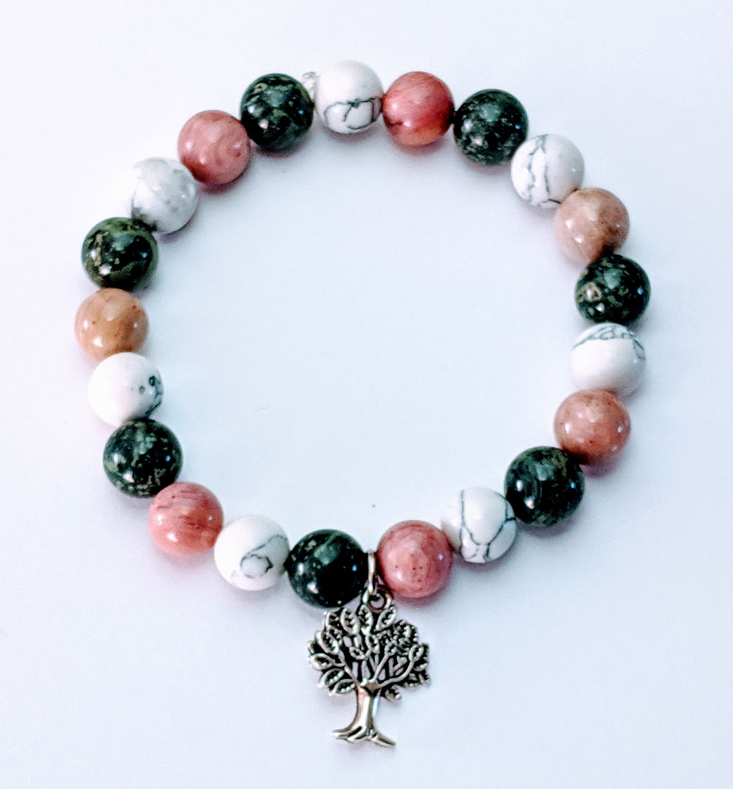 Bracelet avec médaillon Arbre de vie, de pierres de Howlite blanche, de Rhodonite rose et d'Agate Moss verte