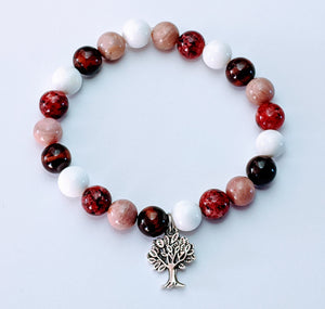 Bracelet avec médaillon Arbre de vie, de pierres d'Oeil de tigre rouge, de Tridacna blanche et de Rhodonite rose