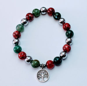 Bracelet avec médaillon Arbre de vie, de pierres d'aventurine verte, de Jaspe girafe rouge, et d'hématite argent et grise.